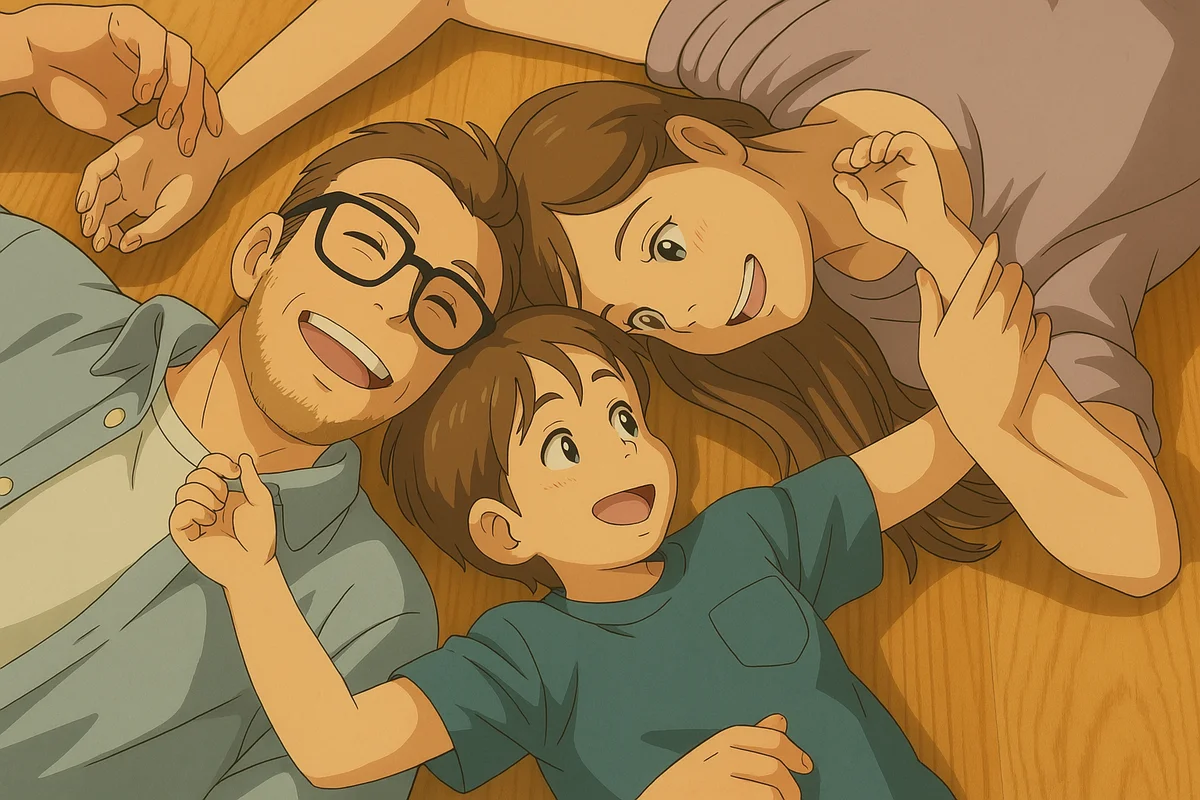 Family lying together in Ghibli style
