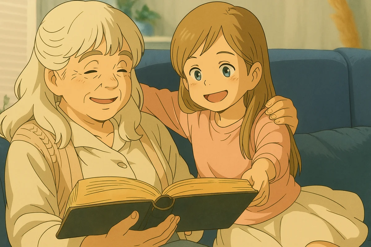 Grandmother and child reading in Ghibli style